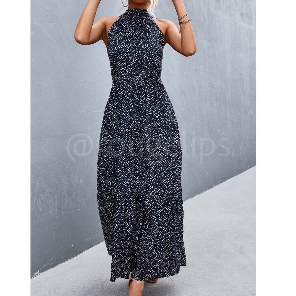 Navy Blue Polka Dot Halter Maxi Dress Tie Belt Long Flared High Neck Sleeveless - Picture 4 of 10